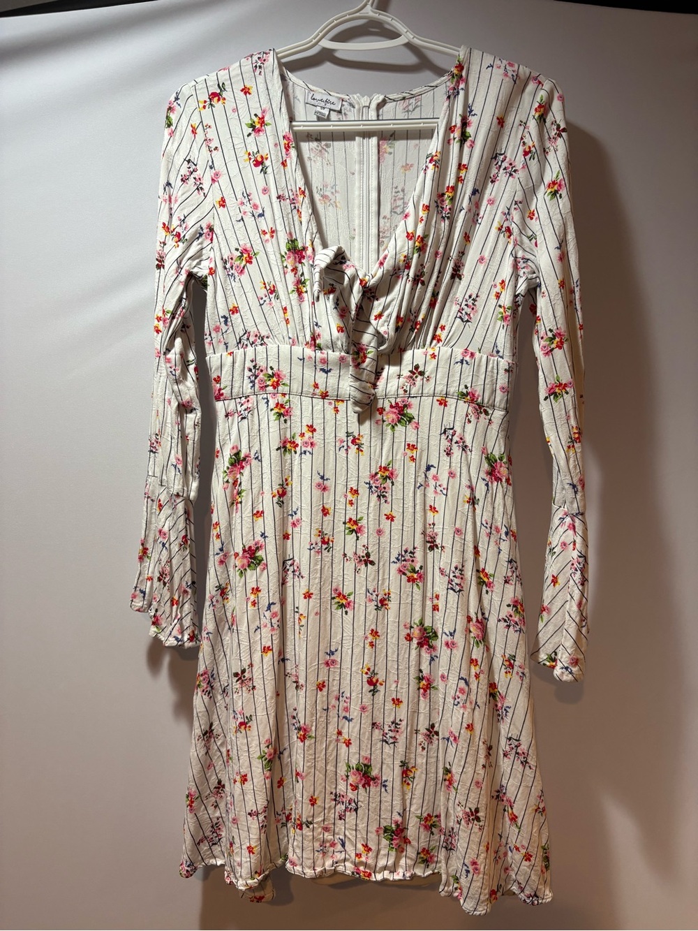 Maurices Cream Floral Tie-Front Long Sleeve Dress